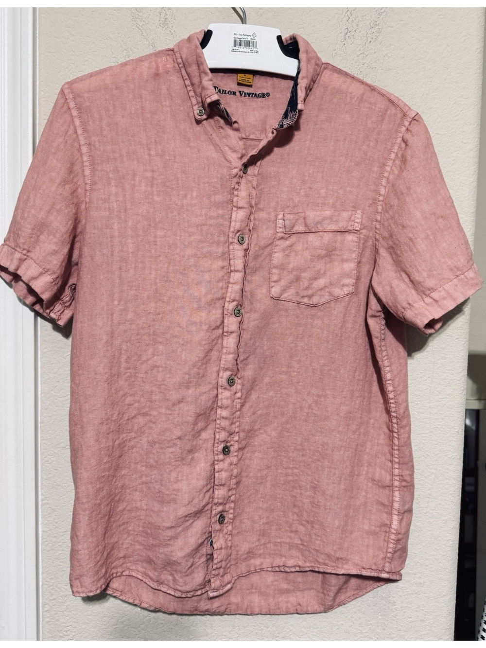 Tailor Vintage Shirt Mens Small 100% Linen Pure Tec Cool S/S Button Down Pink